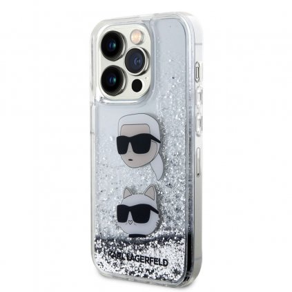 Zadný kryt Karl Lagerfeld Liquid Glitter Karl and Choupette Head pre iPhone 15 Pro Silver