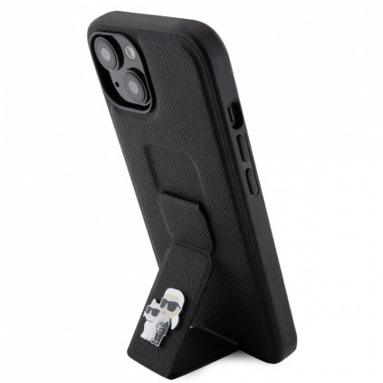 Zadný kryt Karl Lagerfeld Saffiano Grip Stand Metal Logo pre iPhone 15 Black