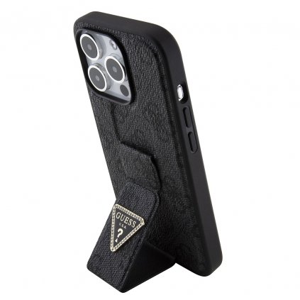 Zadný kryt Guess PU Grip Stand 4G Strass Triangle Metal Logo pre iPhone 15 Pro Black