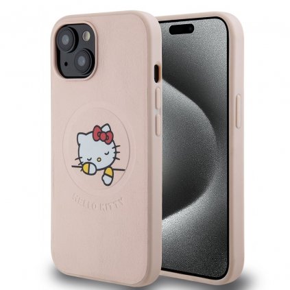 Zadný kryt Hello Kitty PU Kitty Asleep Logo MagSafe pre iPhone 15 Pink