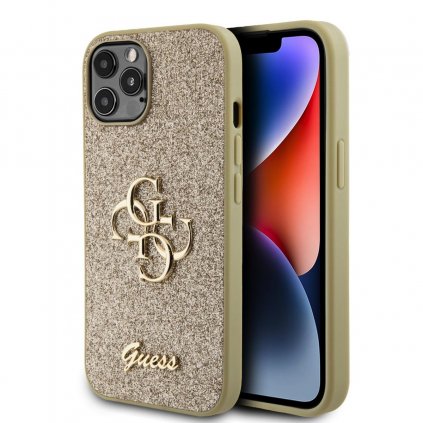 Guess PU pevný zadný kryt s kovovým logom 4G a trblietkami pre iPhone 12 - 12 Pro Gold