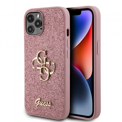 Guess PU pevný zadný kryt s kovovým logom 4G a trblietkami pre iPhone 12 - 12 Pro Pink