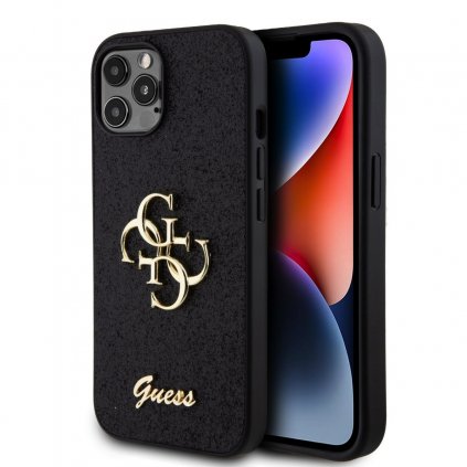 Guess PU pevný zadný kryt s kovovým logom 4G a trblietkami pre iPhone 12 - 12 Pro Black