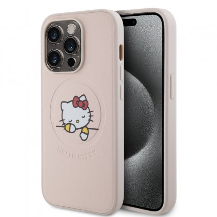 Zadný kryt Hello Kitty PU Kitty Asleep Logo MagSafe pre iPhone 15 Pro Pink
