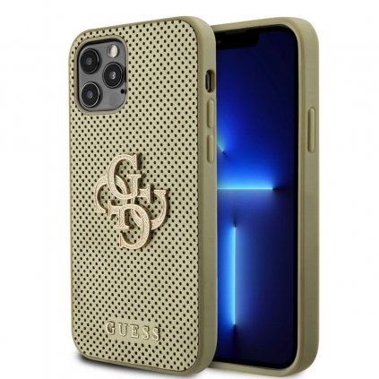 Zadný kryt Guess PU Perforated 4G Glitter Metal Logo pre iPhone 12/12 Pro Gold