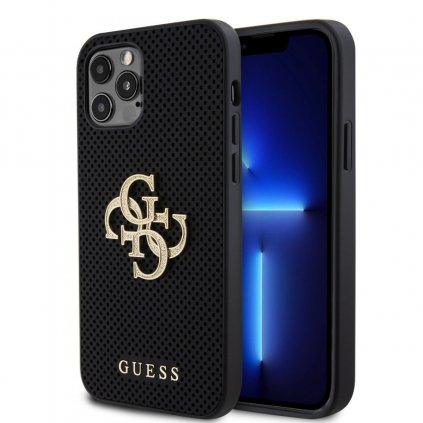 Zadný kryt Guess PU Perforated 4G Glitter Metal Logo pre iPhone 12/12 Pro Black