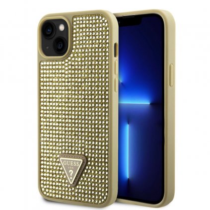 Zadný kryt Guess Rhinestones Triangle Metal Logo pre iPhone 15 Gold