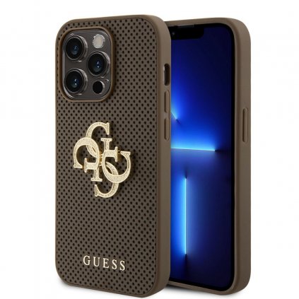 Zadný kryt Guess PU Perforated 4G Glitter Metal Logo pre iPhone 15 Pro Taupe