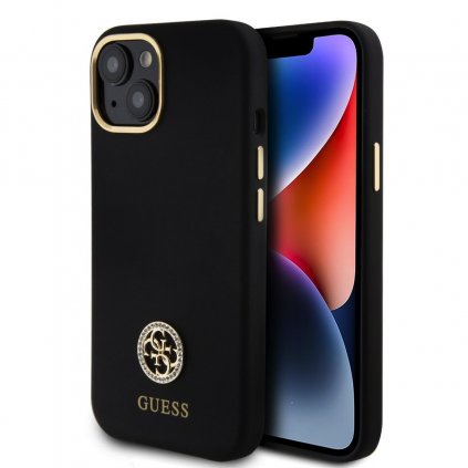 Zadný kryt Guess Liquid Silicone 4G Strass Metal Logo pre iPhone 15 Black
