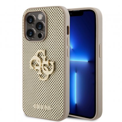 Zadný kryt Guess PU Perforated 4G Glitter Metal Logo pre iPhone 15 Pro Max Gold