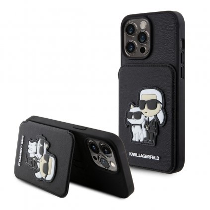 Zadný kryt Karl Lagerfeld PU Saffiano Card Slot Stand Karl and Choupette pre iPhone 15 Pro Max Black