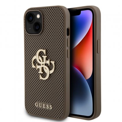 Zadný kryt Guess PU Perforated 4G Glitter Metal Logo pre iPhone 15 Taupe
