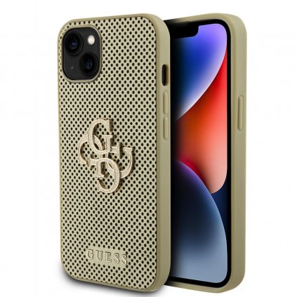 Zadný kryt Guess PU Perforovaný 4G Glitter Metal Logo pre iPhone 13 Gold