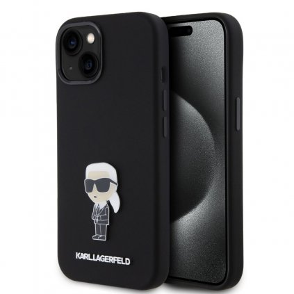 Zadný kryt Karl Lagerfeld Liquid Silicone Metal Ikonik pre iPhone 15 Black