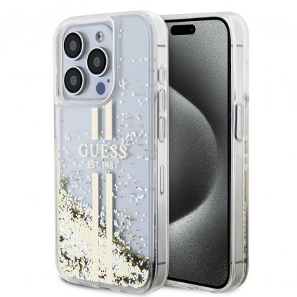 Zadný kryt Guess PC/TPU Liquid Glitter Gold Stripe pre iPhone 15 Pro Max Transparent