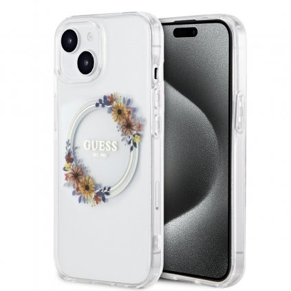 Zadný kryt Guess PC/TPU Flowers Ring Glossy Logo MagSafe pre iPhone 15 Transparent