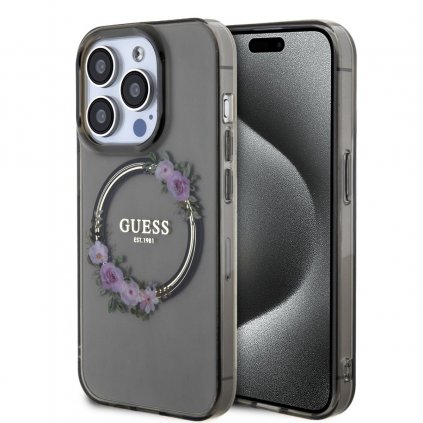 Zadný kryt Guess PC/TPU Flowers Ring Glossy Logo MagSafe pre iPhone 15 Pro Black
