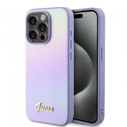 Zadný kryt Guess PU Leather Iridescent Metal Script pre iPhone 15 Pro Purple