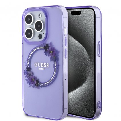 Zadný kryt Guess PC/TPU Flowers Ring Glossy Logo MagSafe pre iPhone 15 Pro Max Purple