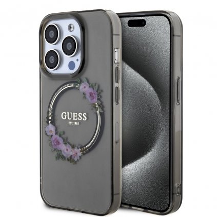 Zadný kryt Guess PC/TPU Flowers Ring Glossy Logo MagSafe pre iPhone 15 Pro Max Black