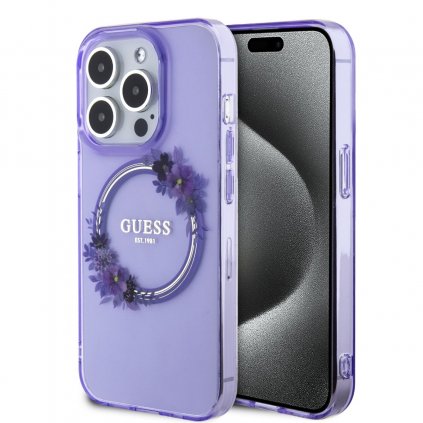 Zadný kryt Guess PC/TPU Flowers Ring Glossy Logo MagSafe pre iPhone 15 Pro Purple