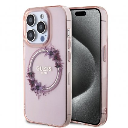 Zadný kryt Guess PC/TPU Flowers Ring Glossy Logo MagSafe pre iPhone 15 Pro Pink