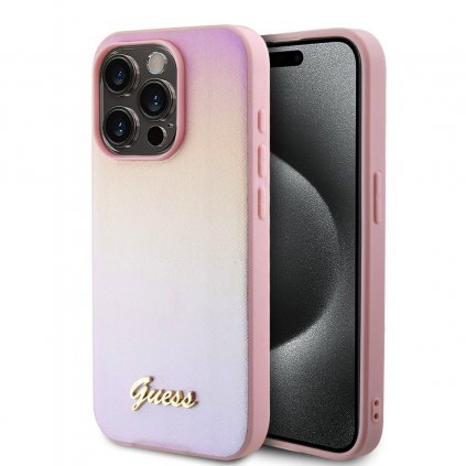 Zadný kryt Guess PU Leather Iridescent Metal Script pre iPhone 15 Pro Max Pink