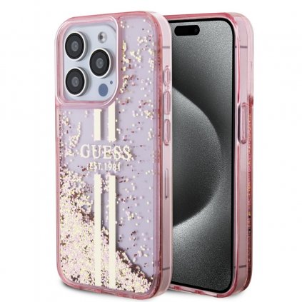 Zadný kryt Guess PC/TPU Liquid Glitter Gold Stripe pre iPhone 15 Pro Pink