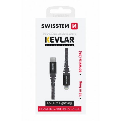 Dátový kábel Swissten ARAMID REINFORCED usb-c / lightning 1,5 m antracitový