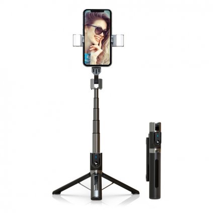 Bluetooth selfie tyč P96D-2 so statívom a 2 LED svetlami čierna