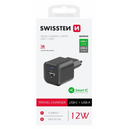 Adaptér Swissten 12W USB-A USB-C čierny