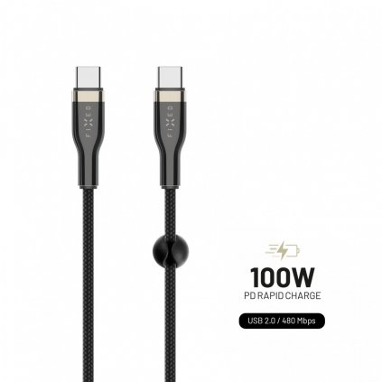 Dlhý nabíjací a dátový opletený kábel FIXED s konektormi USB-C/USB-C a podporou PD, 2 m, USB 2.0, 100 W, čierny