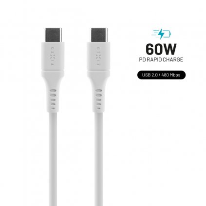 Dlhý nabíjací a dátový kábel FIXED z tekutého silikónu s konektormi USB-C/USB-C a podporou PD, 2 m, USB 2.0, 60 W, biely