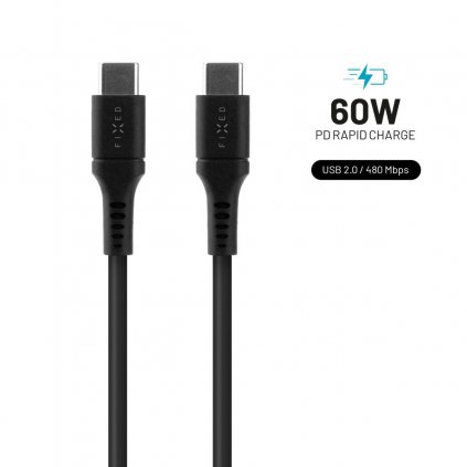 Dlhý nabíjací a dátový kábel FIXED z tekutého silikónu s konektormi USB-C/USB-C a podporou PD, 2 m, USB 2.0, 60 W, čierny