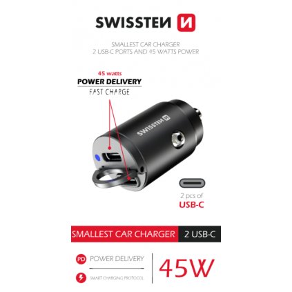 Adaptér do auta Swissten napájania 2x usb-c 45w nano čierny