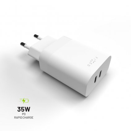 Adaptér FIXED s výstupom 2x USB-C podpora PD 35 W biely