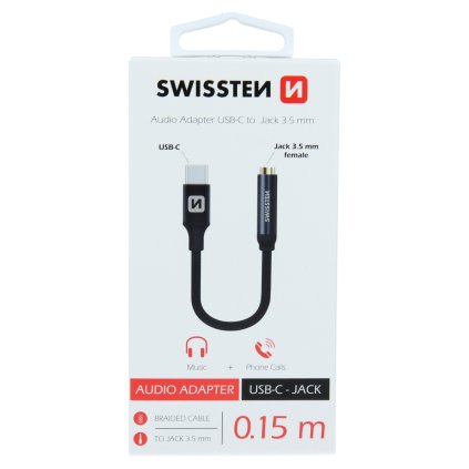 Audio adaptér Swissten textilný USB-C - jack (samica) 0,15 m čierny