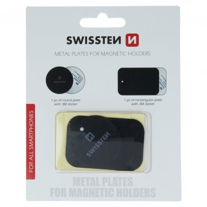 Sada kovových samolepiacich štítkov a podložky Swissten pre magnetické držiaky do auta (maloobchodné balenie)