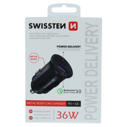 Adaptér Swissten cl power delivery usb-c + quick charge 3.0 36w kovový čierny