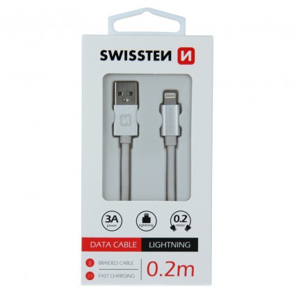 Dátový kábel swissten textile usb / lightning 0,2 m strieborný