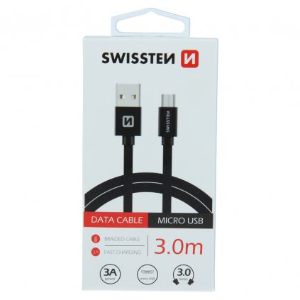 Dátový kábel swissten textilný usb / micro usb 3,0 m čierny