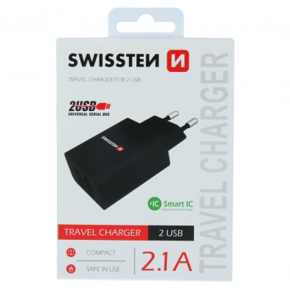 Adapter Swissten smart ic 2x usb 2.1a power čierny