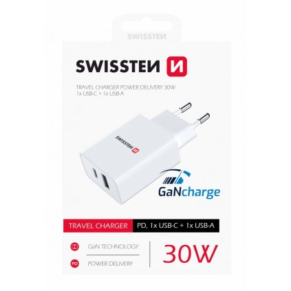 Sieťový adaptér Swissten power delivery 30w 1x usb-c + 1x usb biely