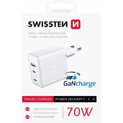 Napájací adaptér Swissten 2x usb-c + 1xusb 70w