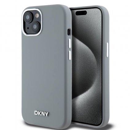 DKNY Liquid Silicone Silver Metal Logo Magsafe zadný kryt pre iPhone 15 Grey