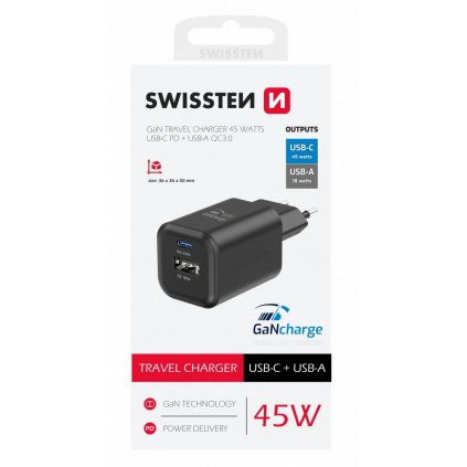 Adaptér Swissten s funkciou rýchleho nabíjania 45W Dual black