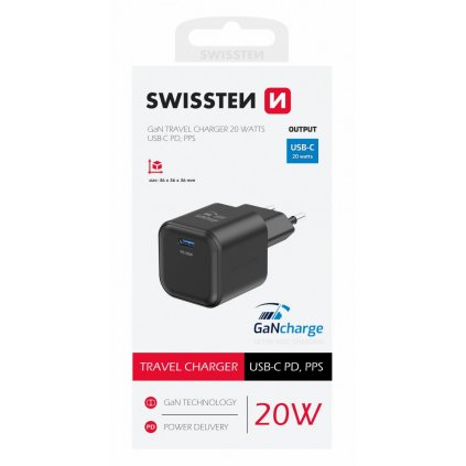 Adaptér Swissten Gan s rýchlym nabíjaním 1x USB-C 20W čierny