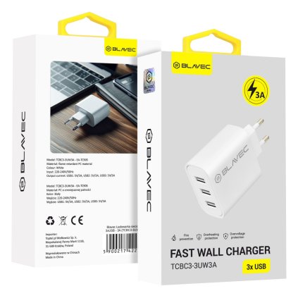 Adaptér Blavec BC3 - 3xUSB - 3A (TCBC3-3UW3A) biely