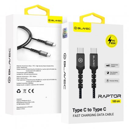 Dátový kábel Blavec Raptor Braided - typ C na typ C - PD 60W 3A 1m (CRA-CC3BG10) čierno-šedý