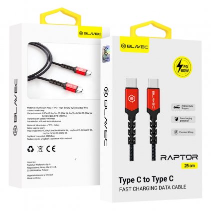 Dátový kábel Blavec Raptor Braided - typ C na typ C - PD 60W 3A 0,25m (CRA-CC3BR025) čierno-červený